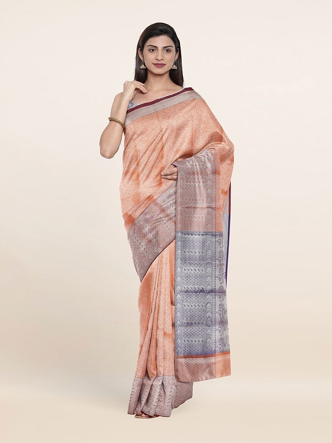 

Pothys Orange & Grey Floral Woven Design Tissue Saree