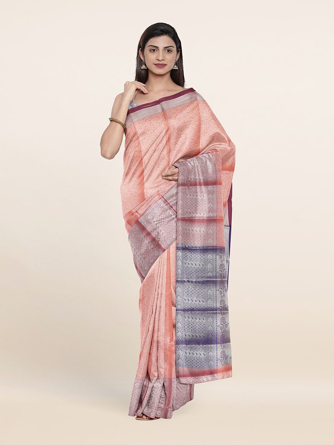 

Pothys Peach-Coloured & Purple Ethnic Motifs Woven Design Tissue Saree