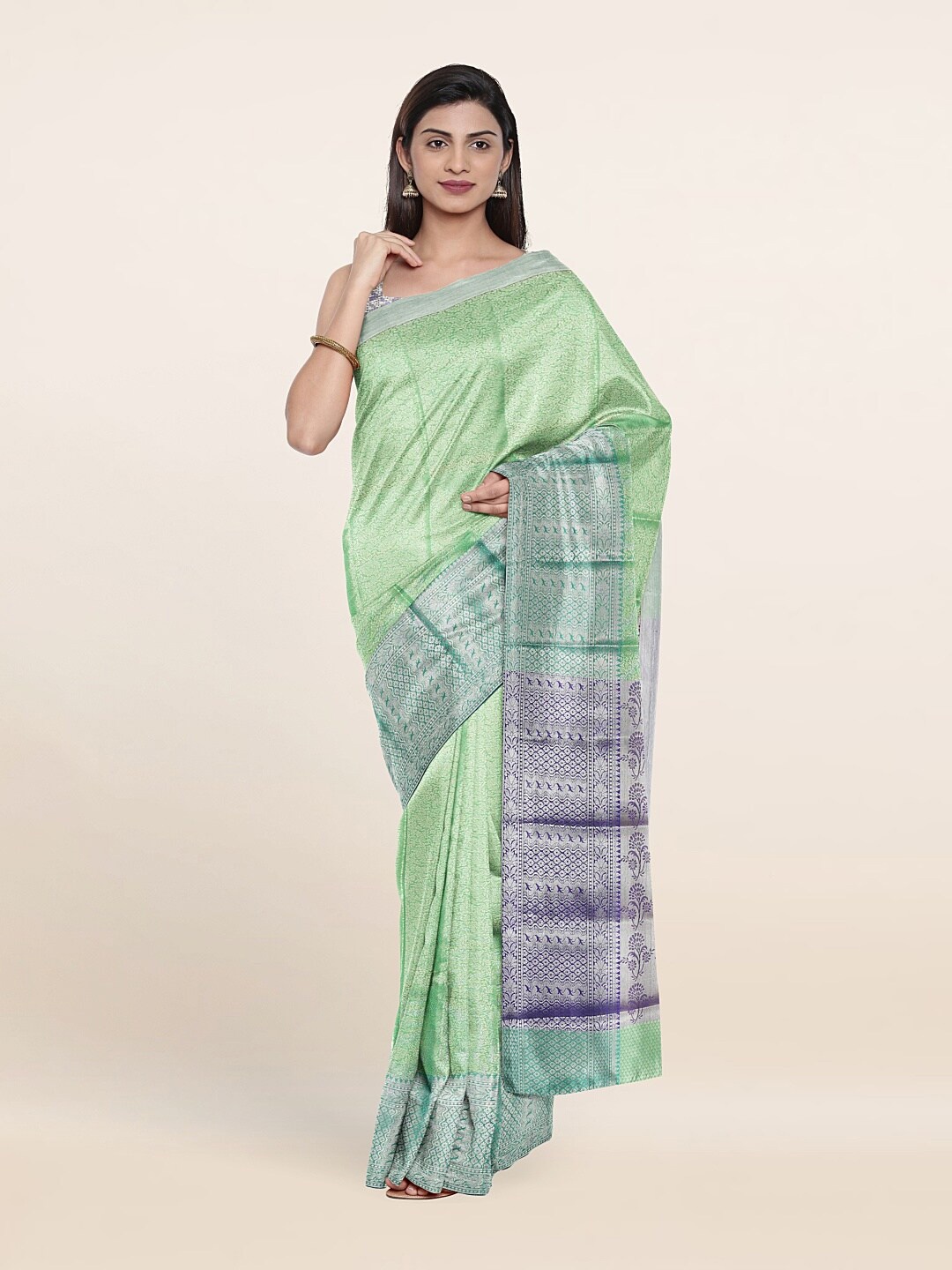 

Pothys Green & Purple Ethnic Motifs Woven Design Tissue Saree