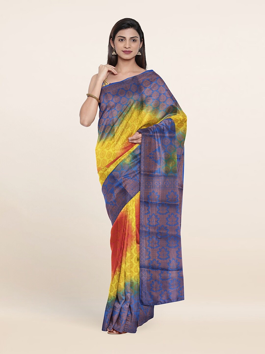 

Pothys Blue & Yellow Ethnic Motifs Woven Design Art Silk Saree