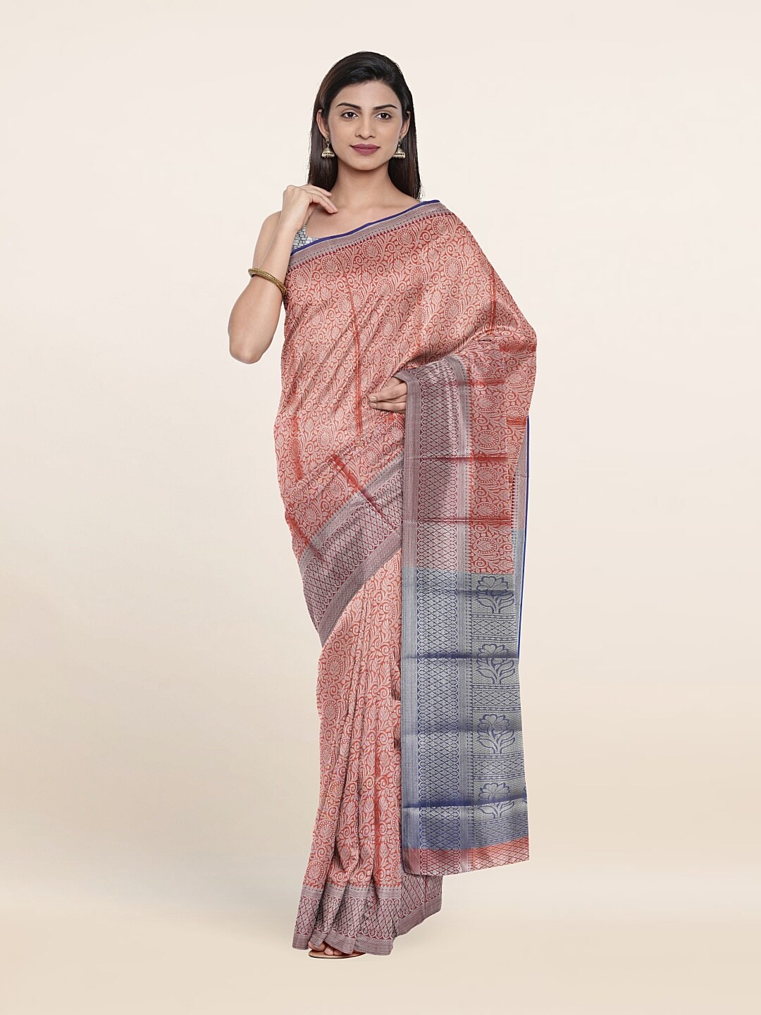 

Pothys Orange & Grey Ethnic Motifs Woven Design Tissue Saree