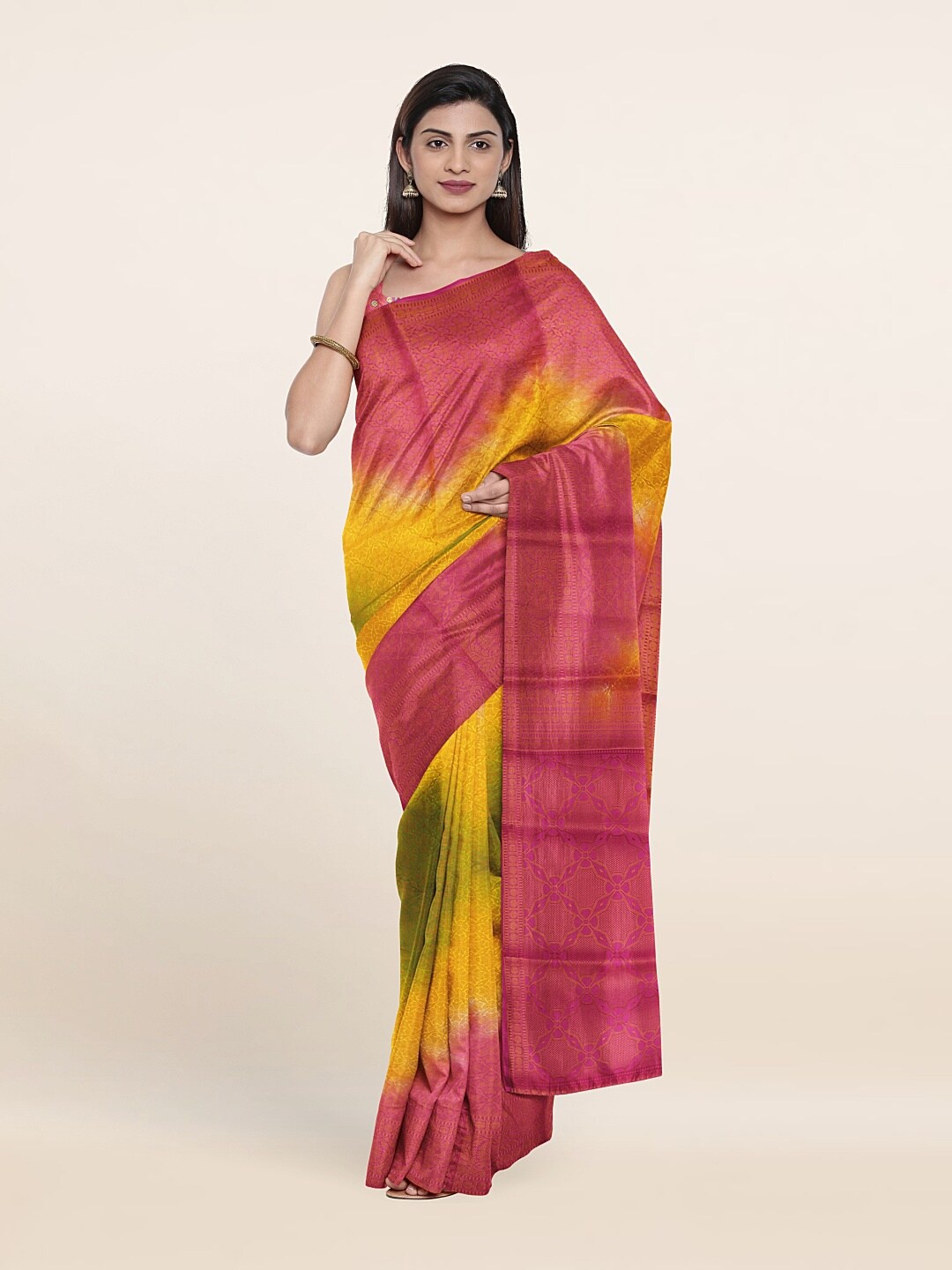 

Pothys Pink & Yellow Ethnic Motifs Woven Design Art Silk Saree