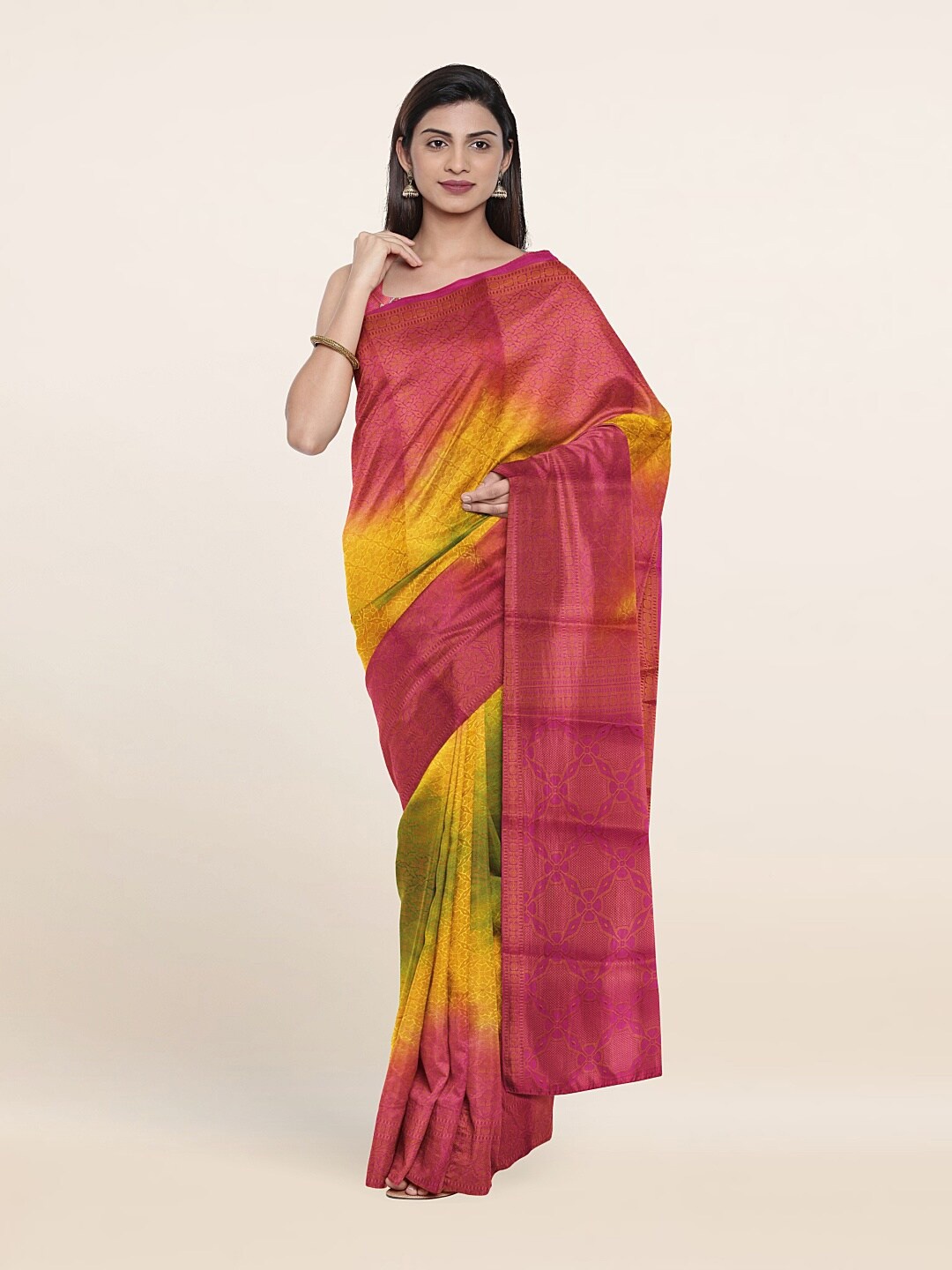 

Pothys Pink & Yellow Woven Design Tie and Dye Zari Art Silk Saree