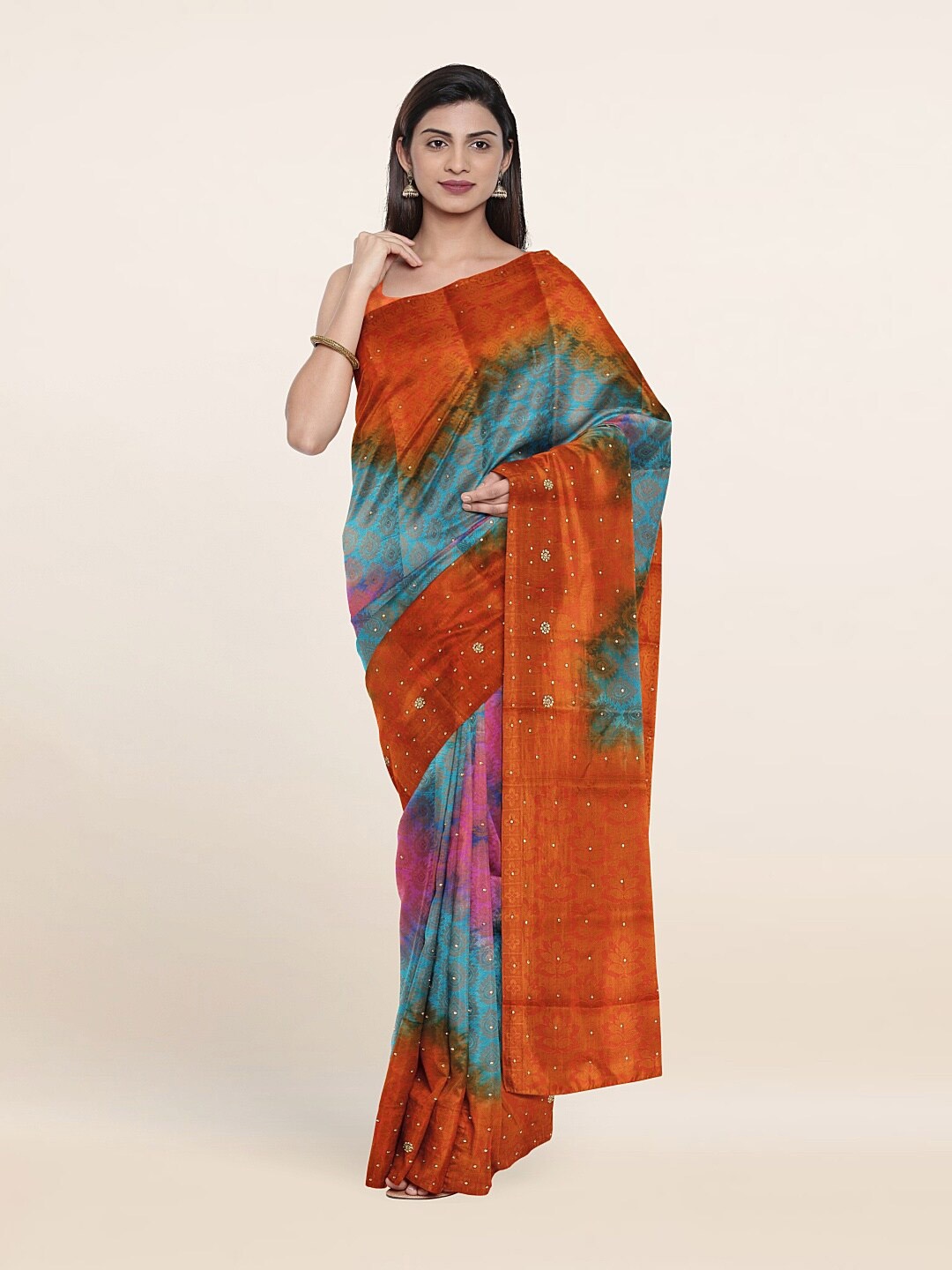 

Pothys Orange & Blue Woven Design Tie and Dye Zari Art Silk Saree