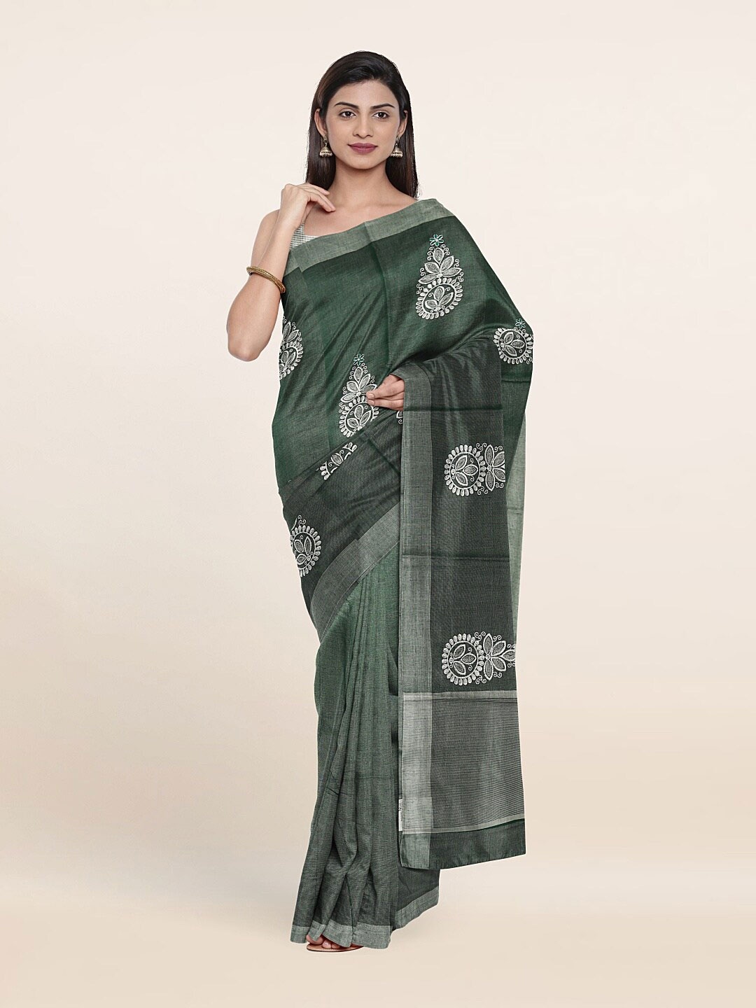 

Pothys Green & Black Embroidered Ethnic Motifs Zari Tissue Saree