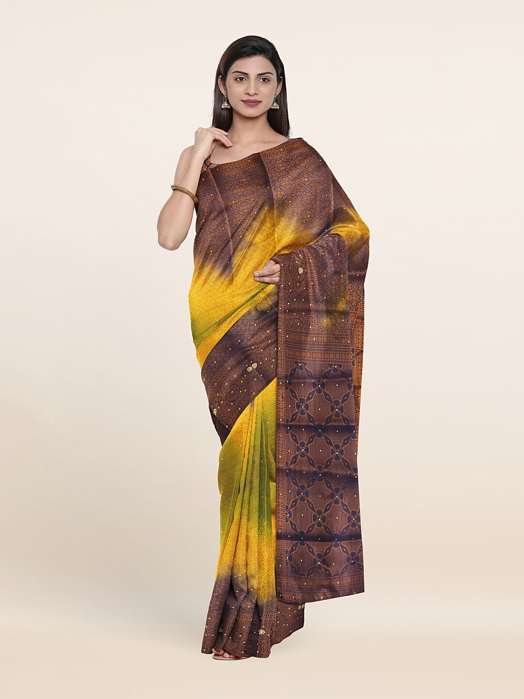 

Pothys Yellow & Coffee Brown Woven Design Tie and Dye Zari Art Silk Saree