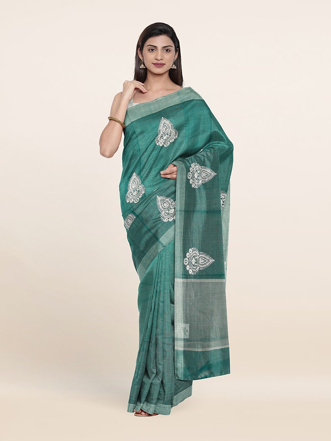 

Pothys Green Embroidered Ethnic Motifs Zari Tissue Saree