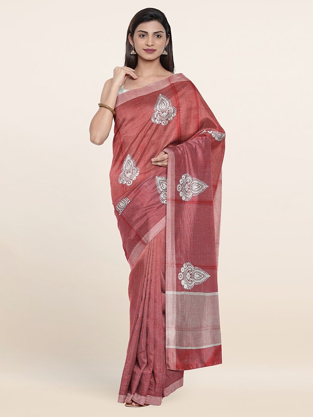 

Pothys Rust & Silver-Toned Embroidered Ethnic Motifs Zari Tissue Saree