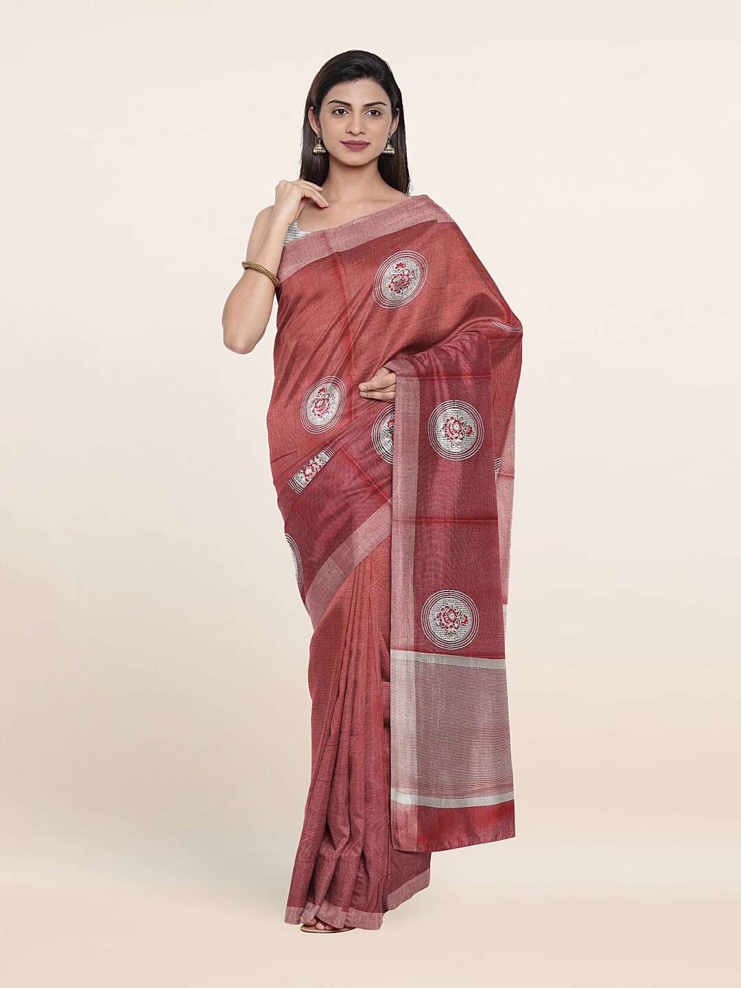 

Pothys Rust & Silver-Toned Woven Design Tissue Saree