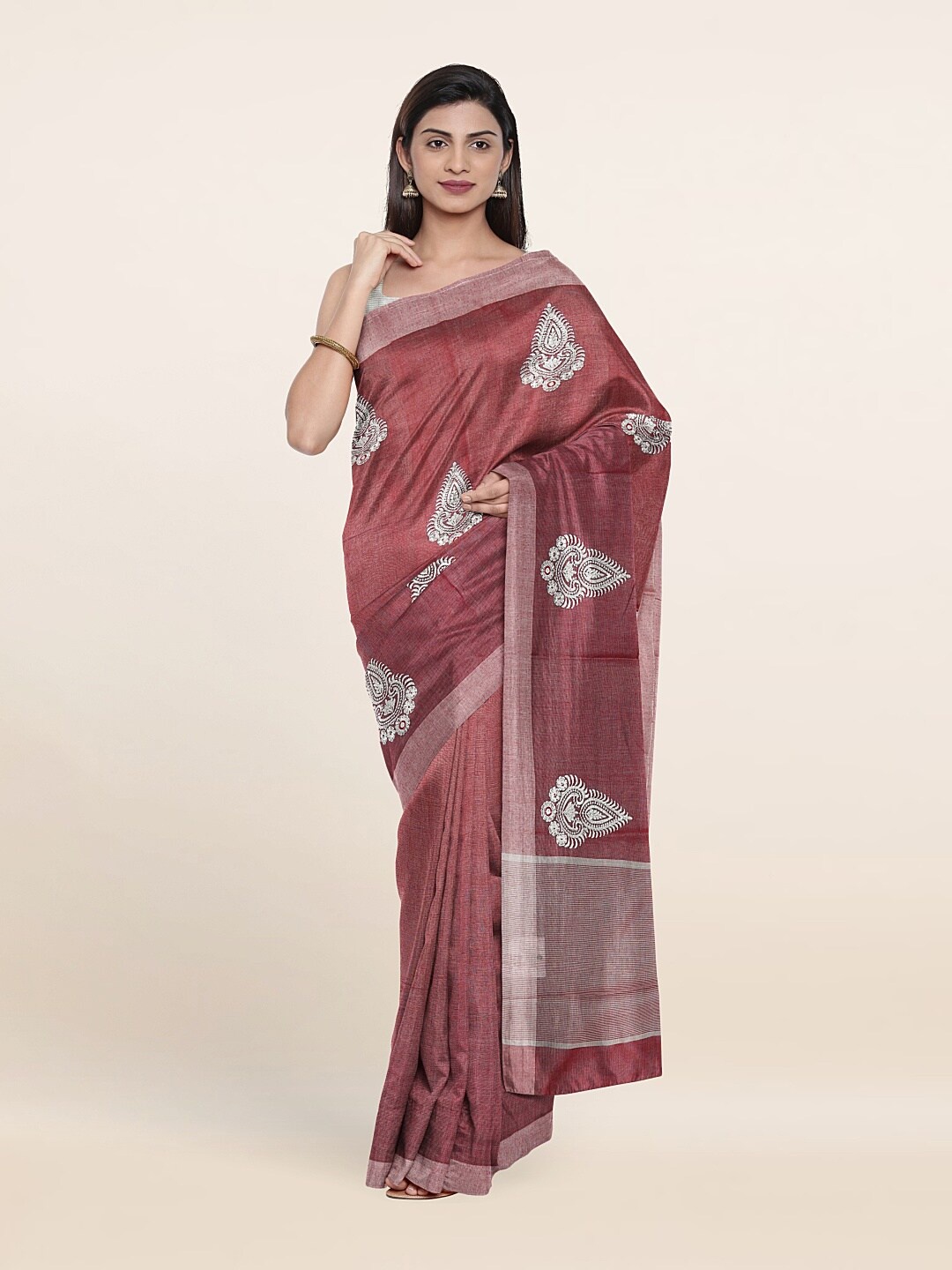 

Pothys Maroon & Silver-Toned Ethnic Motifs Tissue Saree