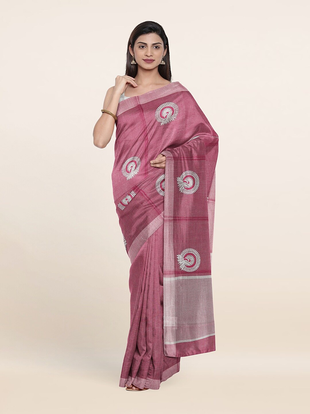 

Pothys Magenta & Grey Embroidered Ethnic Motifs Tissue Saree