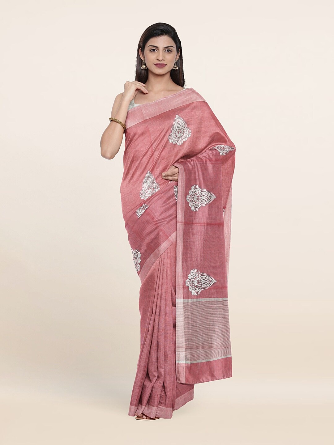 

Pothys Pink & Grey Embroidered Ethnic Motifs Zari Tissue Saree
