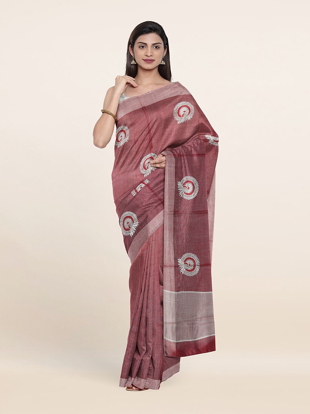 

Pothys Maroon & Silver-Toned Ethnic Motifs Tissue Saree