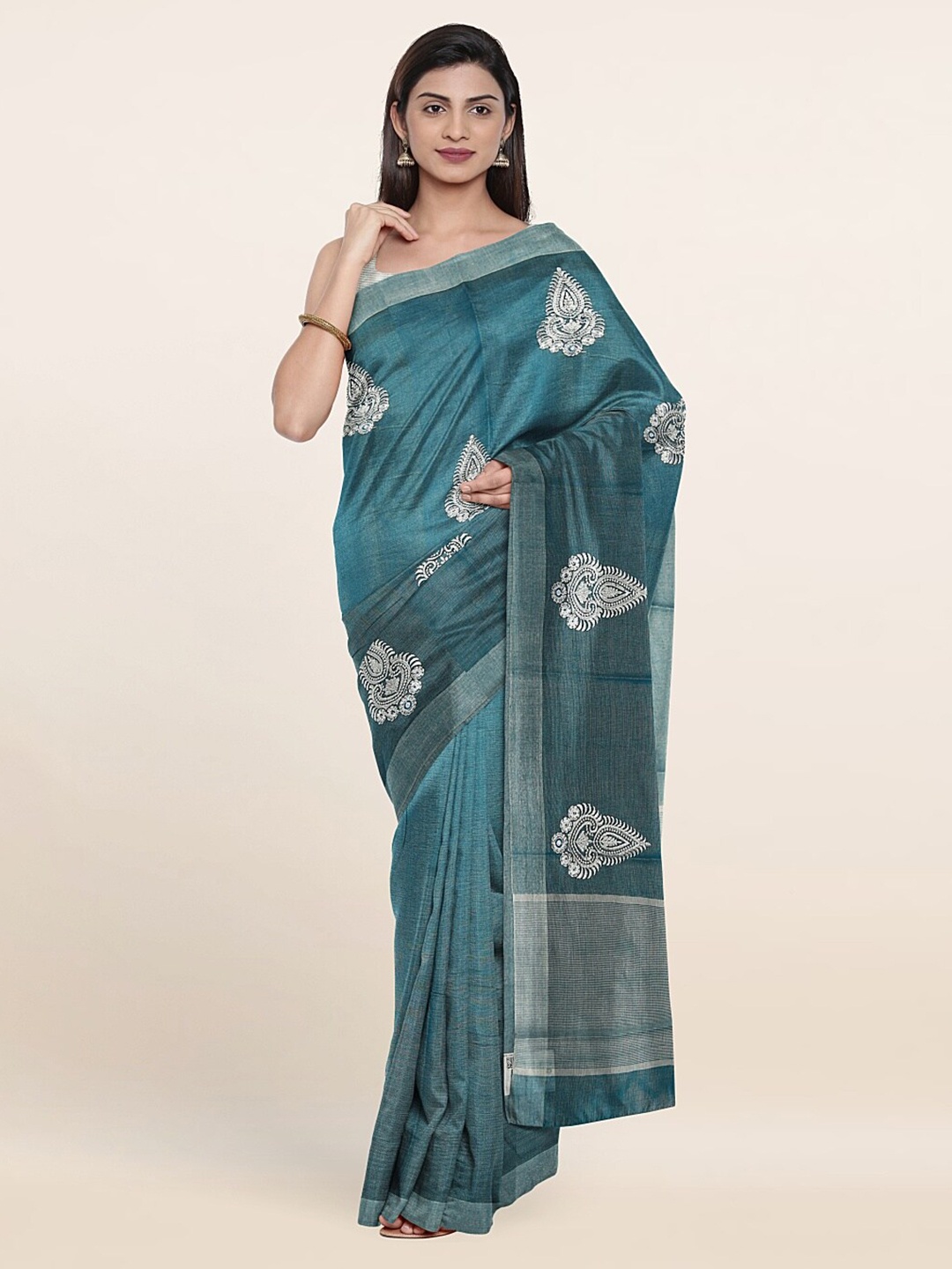 

Pothys Blue & Silver-Toned Embroidered Ethnic Motifs Zari Tissue Saree