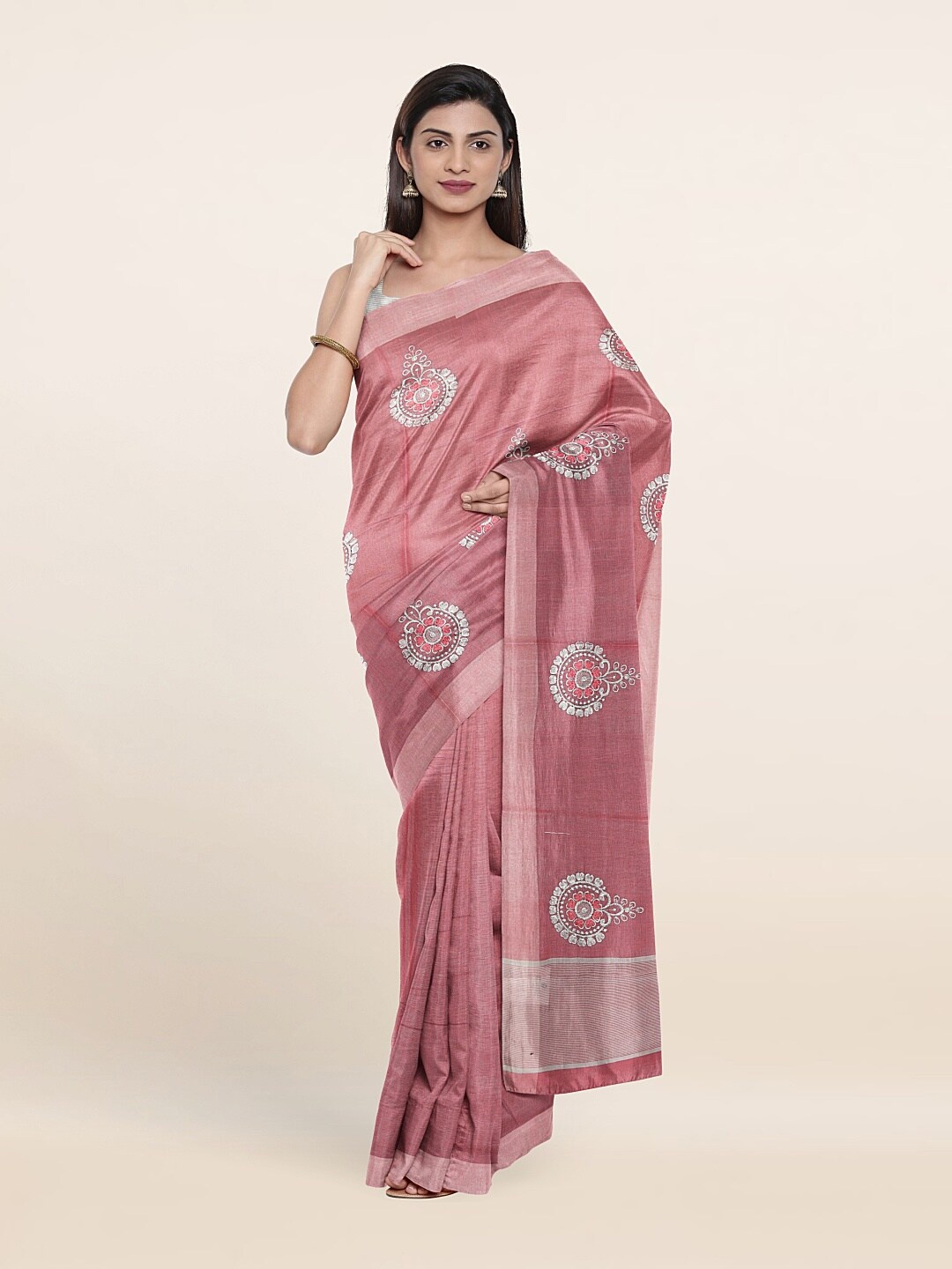 

Pothys Pink & Grey Embroidered Ethnic Motifs Tissue Saree