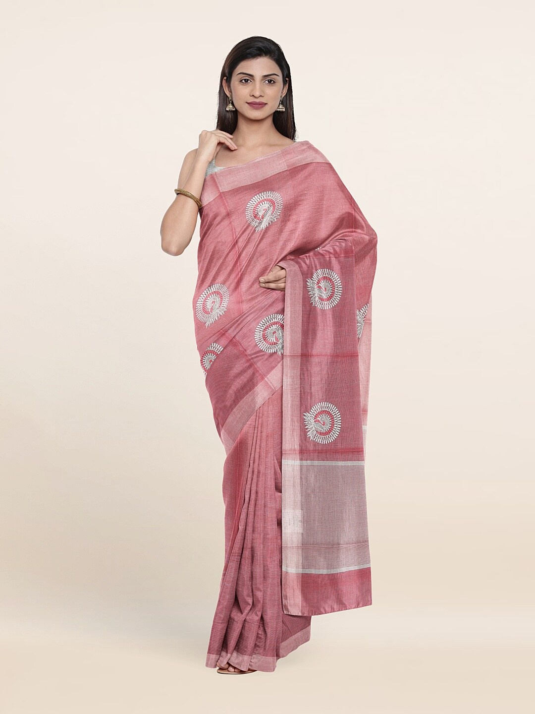 

Pothys Pink & Grey Embroidered Ethnic Motifs Tissue Saree