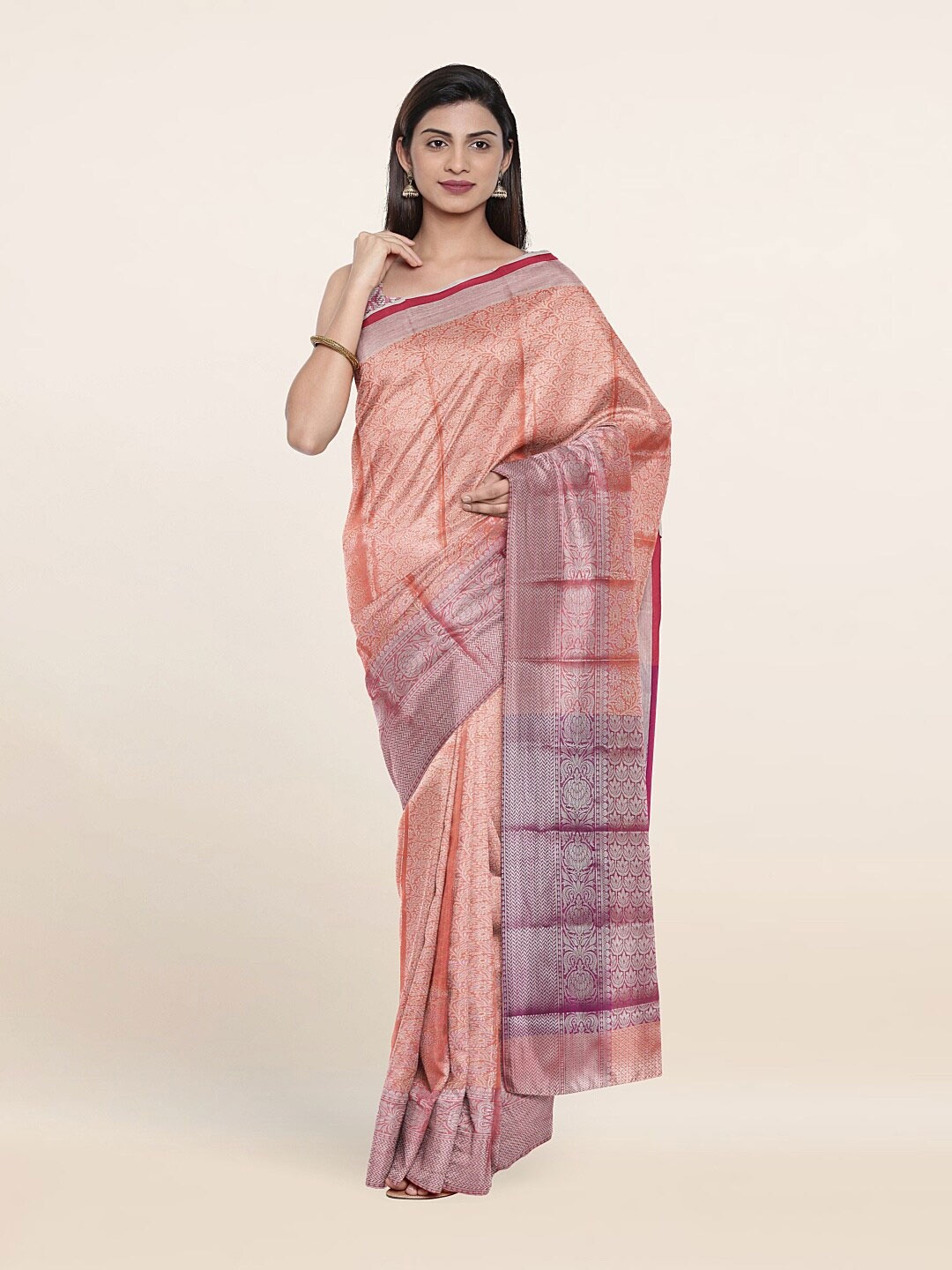 

Pothys Orange & Silver-Toned Woven Design Zari Tissue Saree