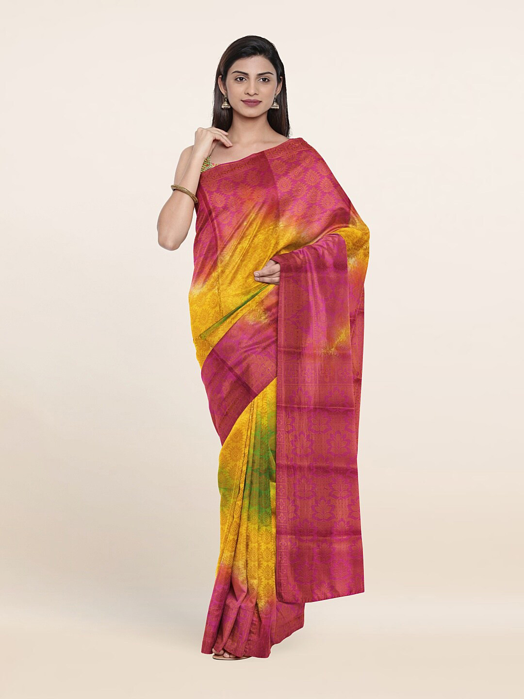 

Pothys Pink & Yellow Woven Design Tie and Dye Zari Art Silk Saree