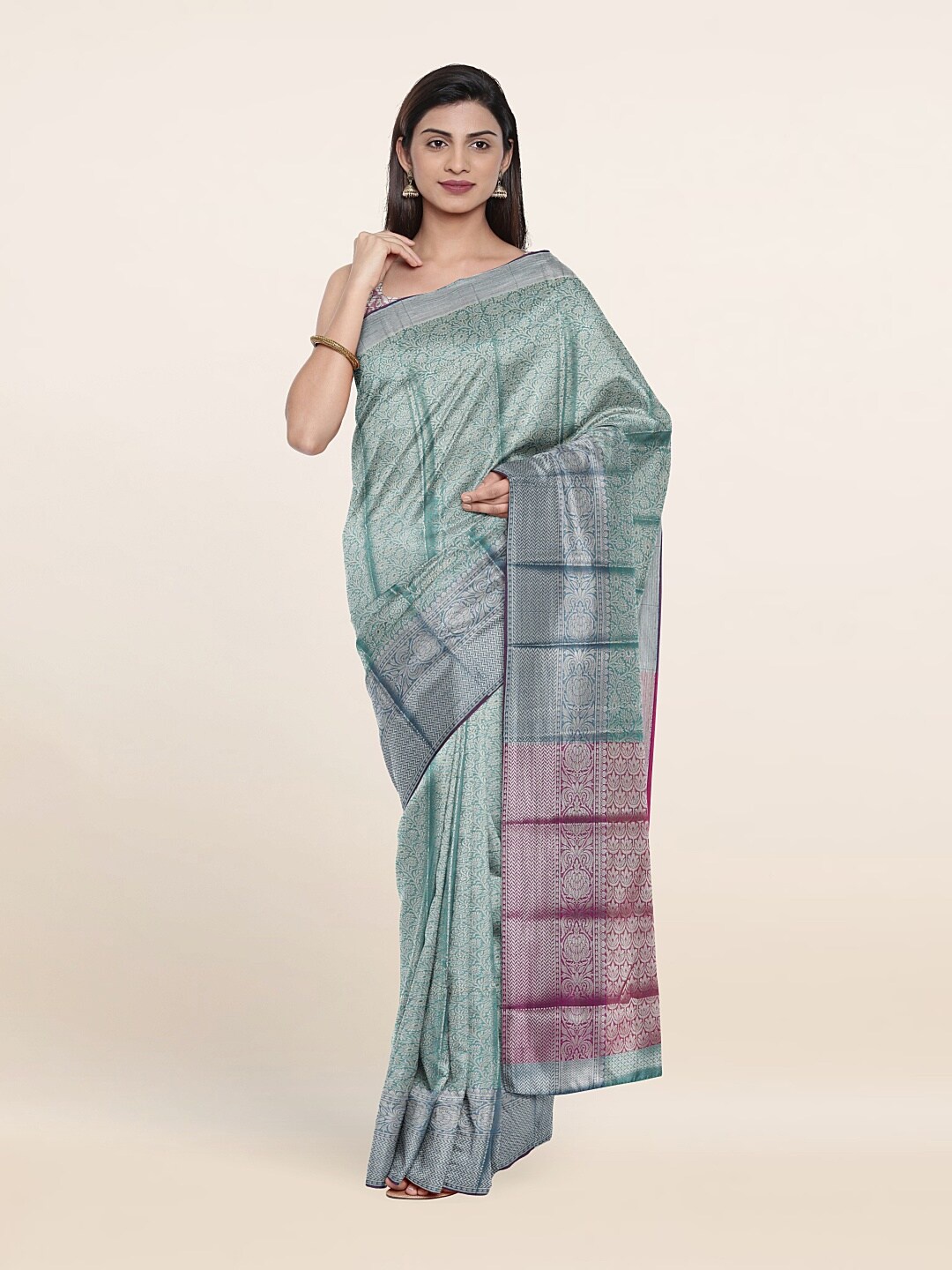 

Pothys Blue & Pink Ethnic Motifs Woven Design Zari Tissue Saree