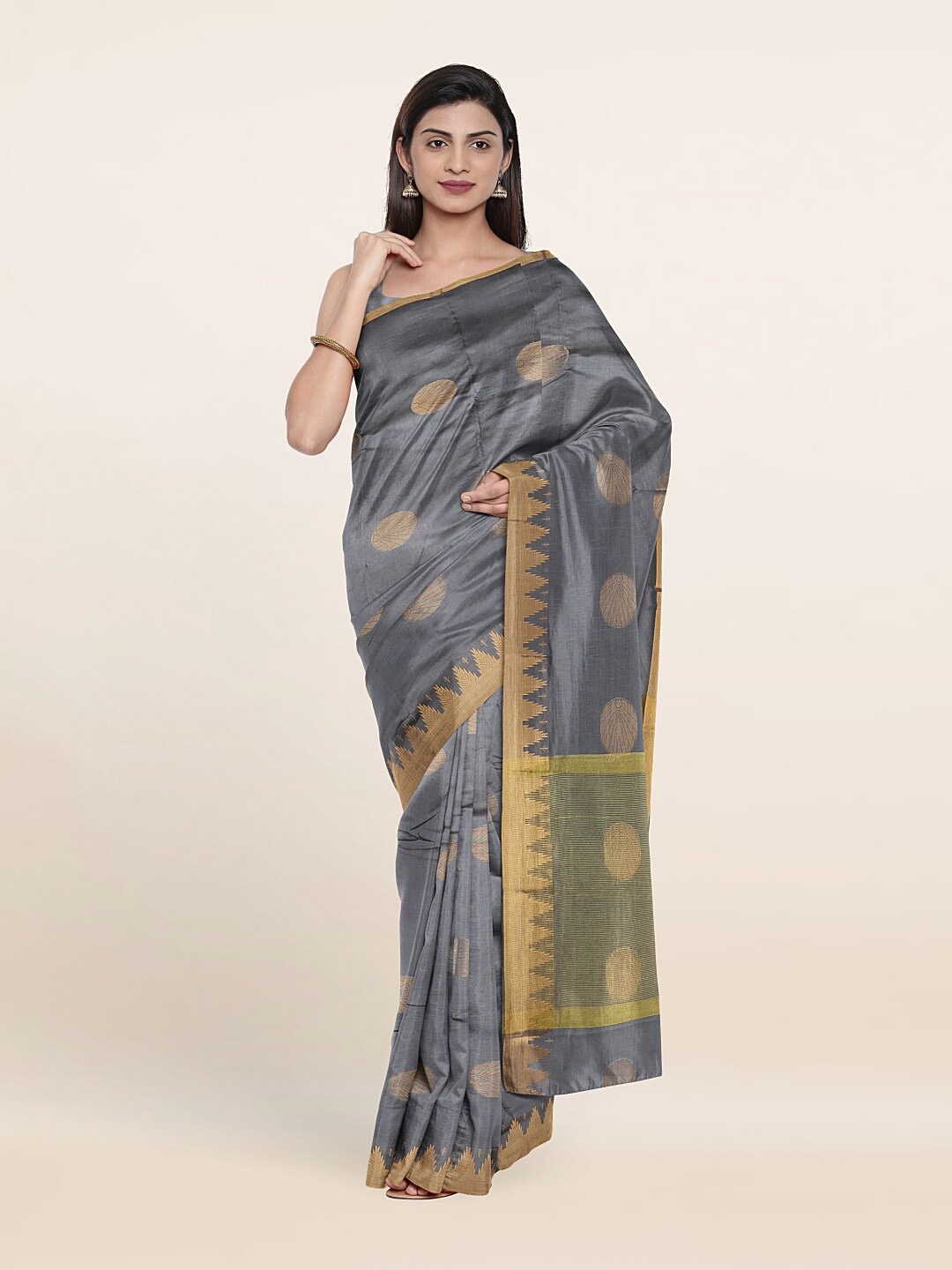 

Pothys Grey & Gold-Toned Ethnic Motifs Zari Saree