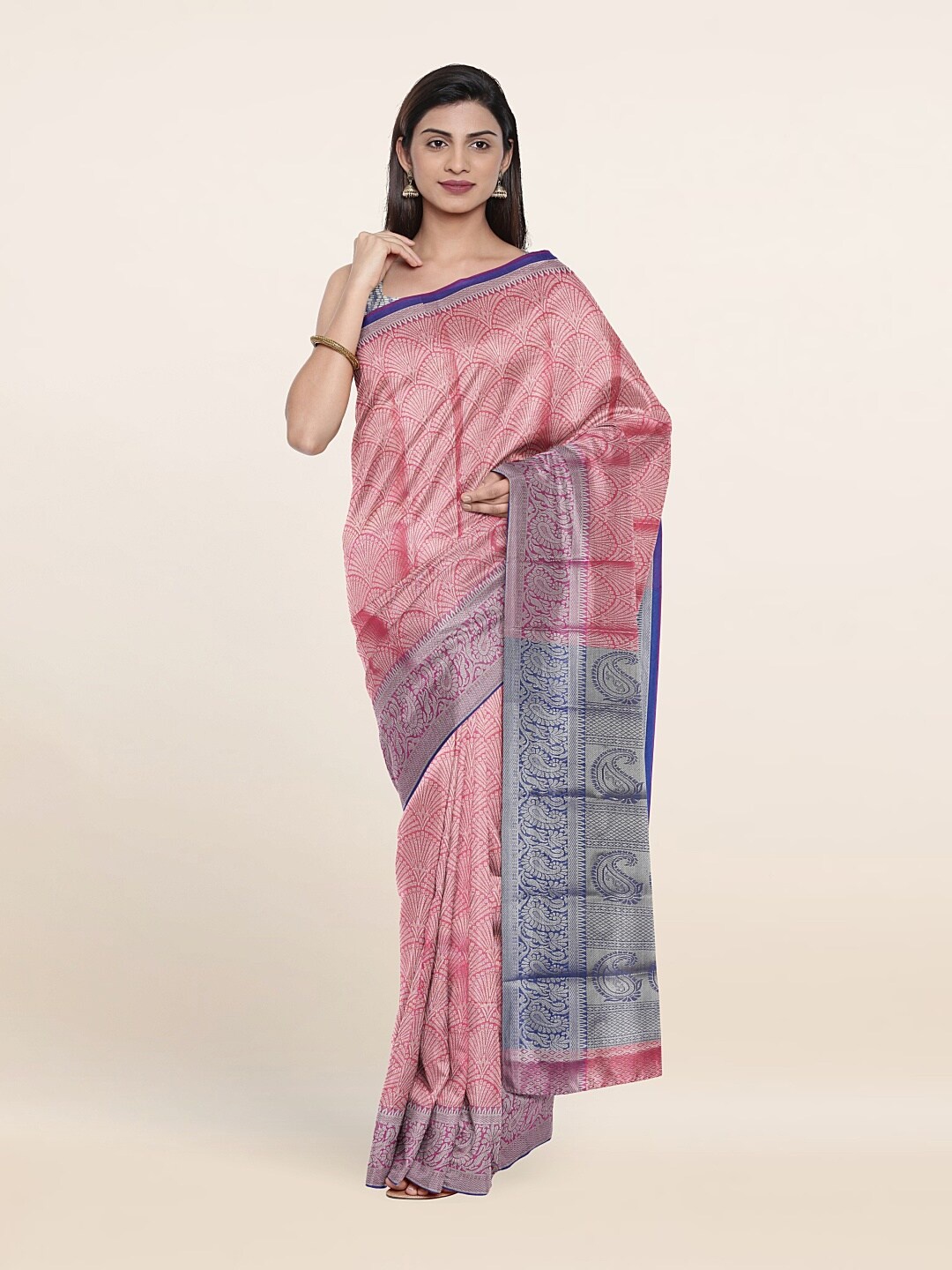 

Pothys Pink & Grey Woven Design Ethnic Motifs Zari Tissue Saree