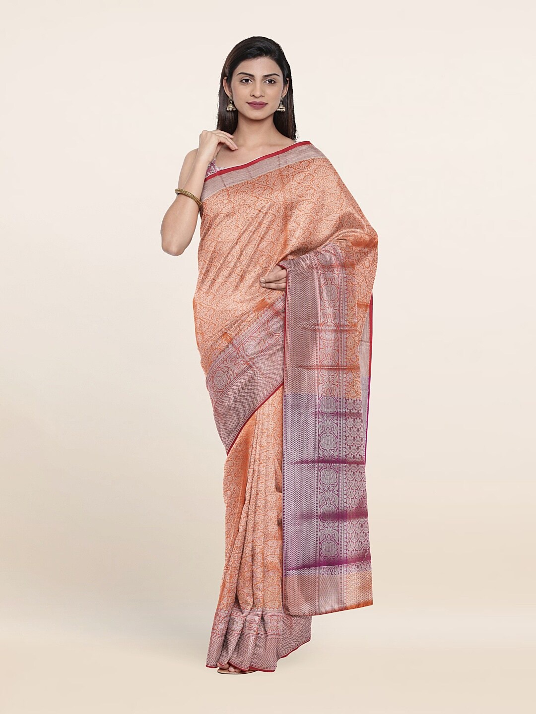 

Pothys Orange & Purple Woven Design Ethnic Motifs Zari Tissue Saree