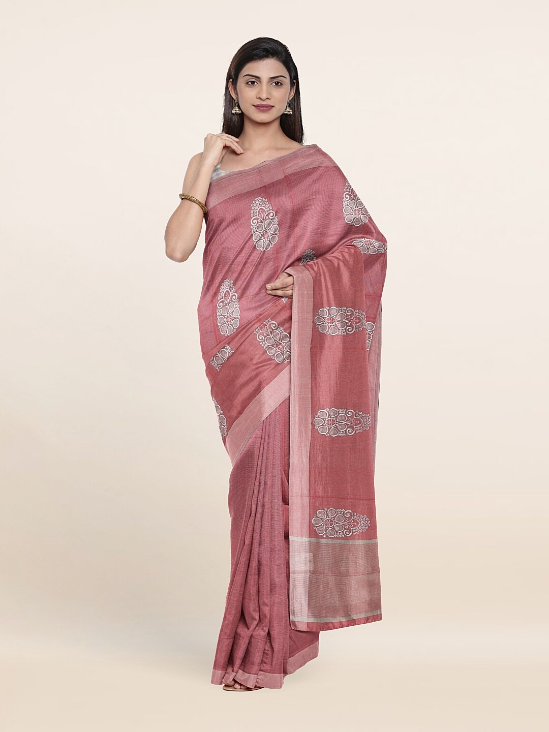 

Pothys Pink & Grey Ethnic Motifs Tissue Saree