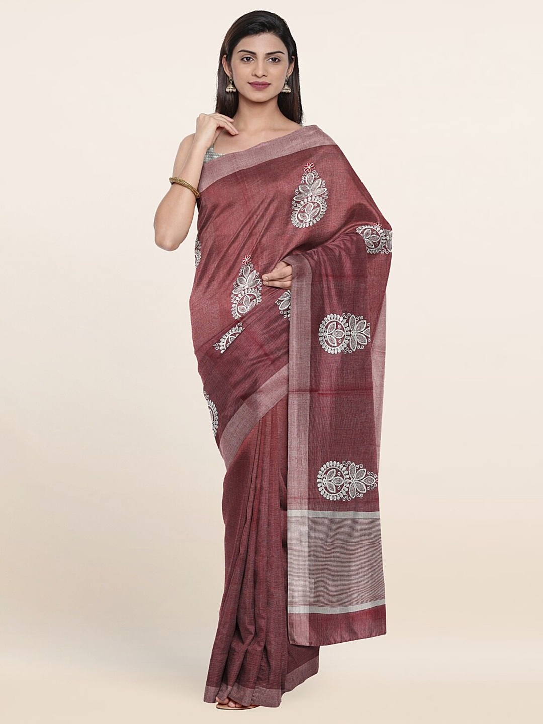 

Pothys Maroon & Grey Embroidered Ethnic Motifs Tissue Saree