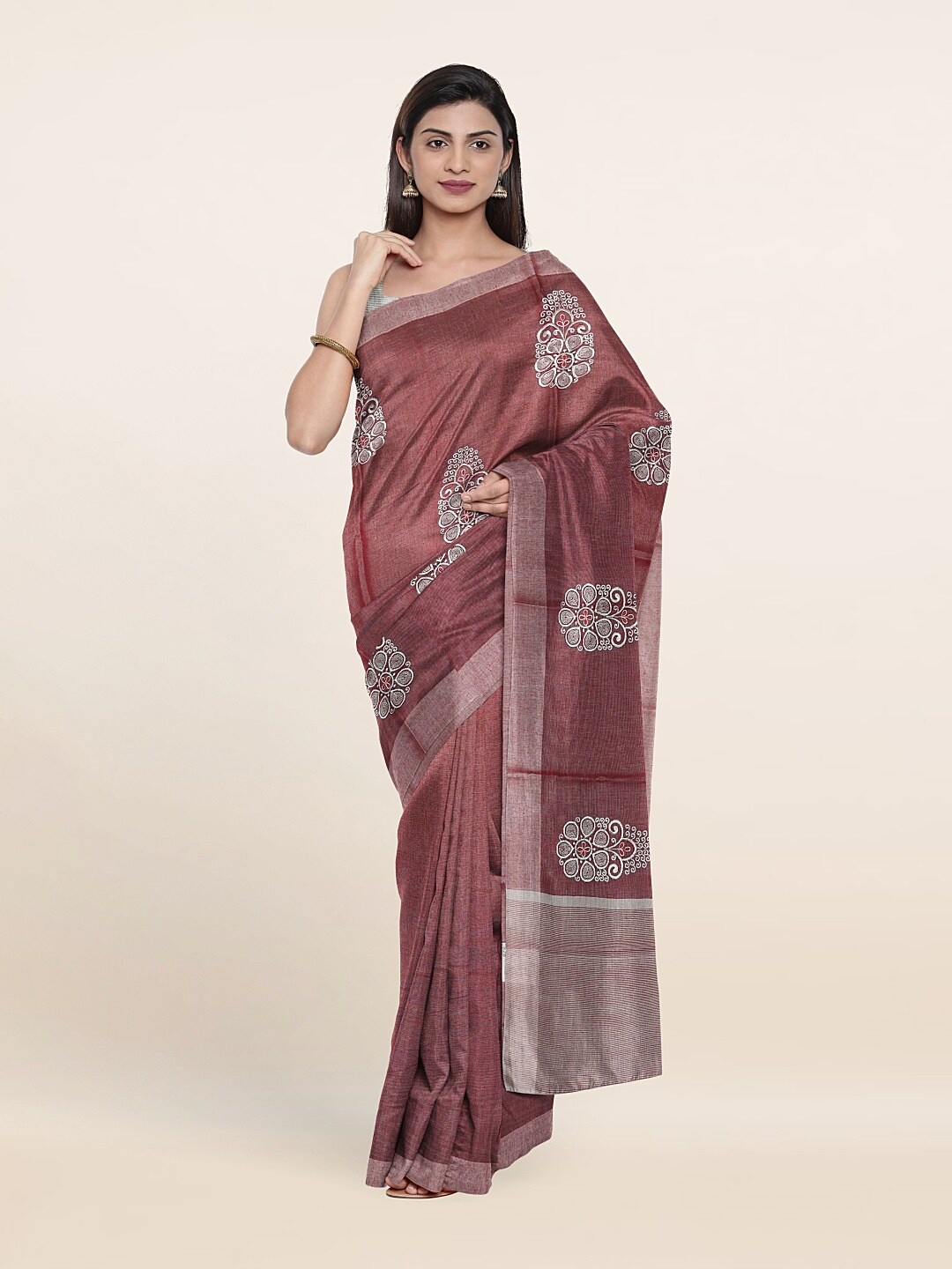 

Pothys Maroon & Silver-Toned Ethnic Motifs Embroidered Tissue Saree