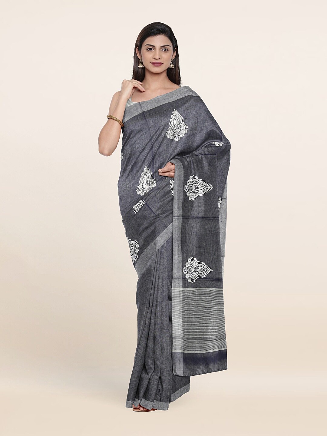 

Pothys Blue & Grey Ethnic Motifs Zari Tissue Saree