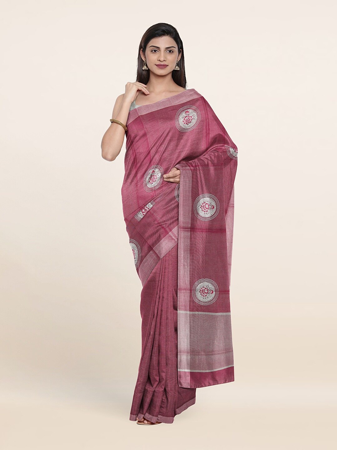 

Pothys Pink & Silver-Toned Floral Zari Tissue Saree