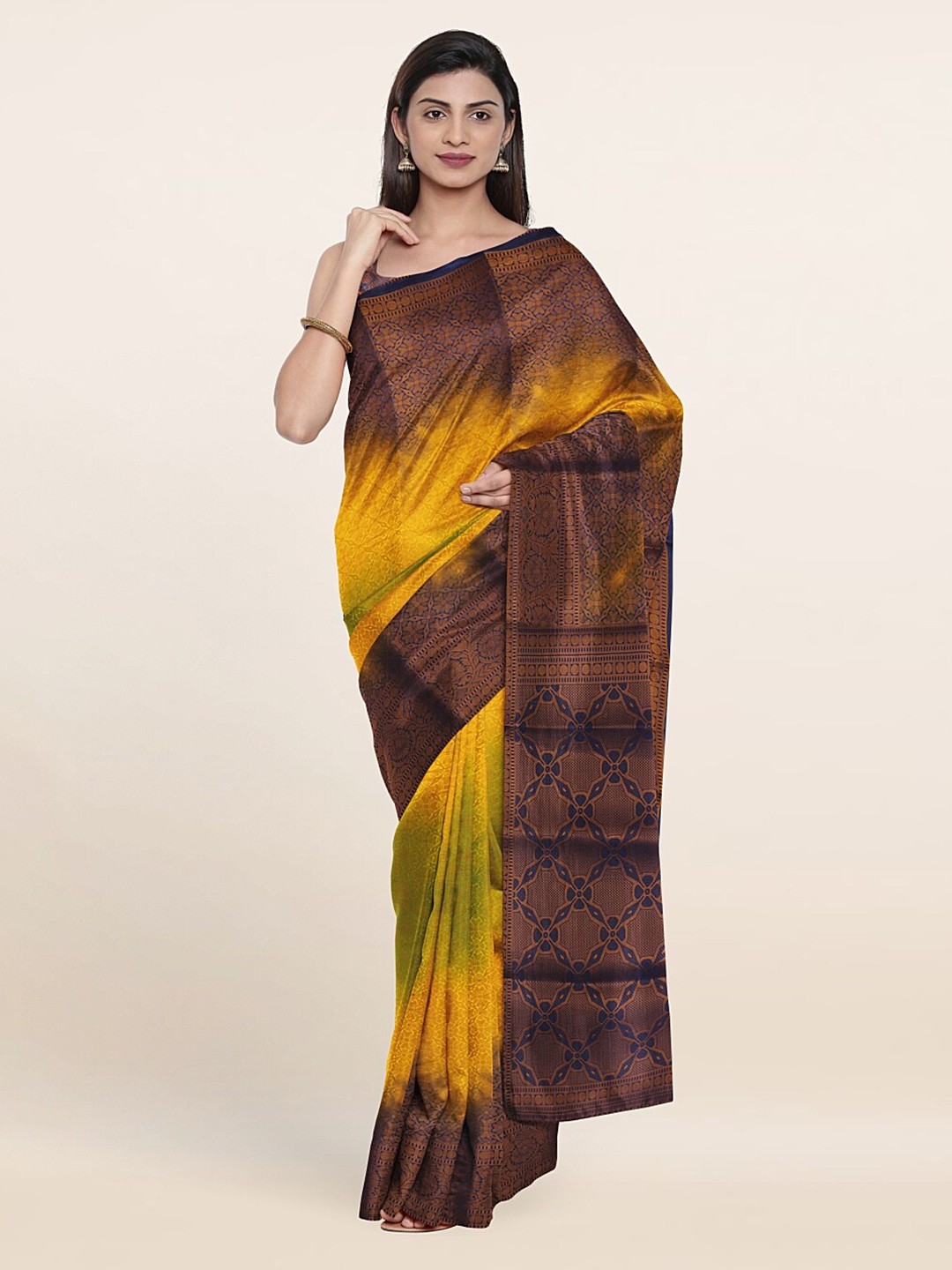 

Pothys Yellow & Coffee Brown Tie and Dye Zari Art Silk Saree