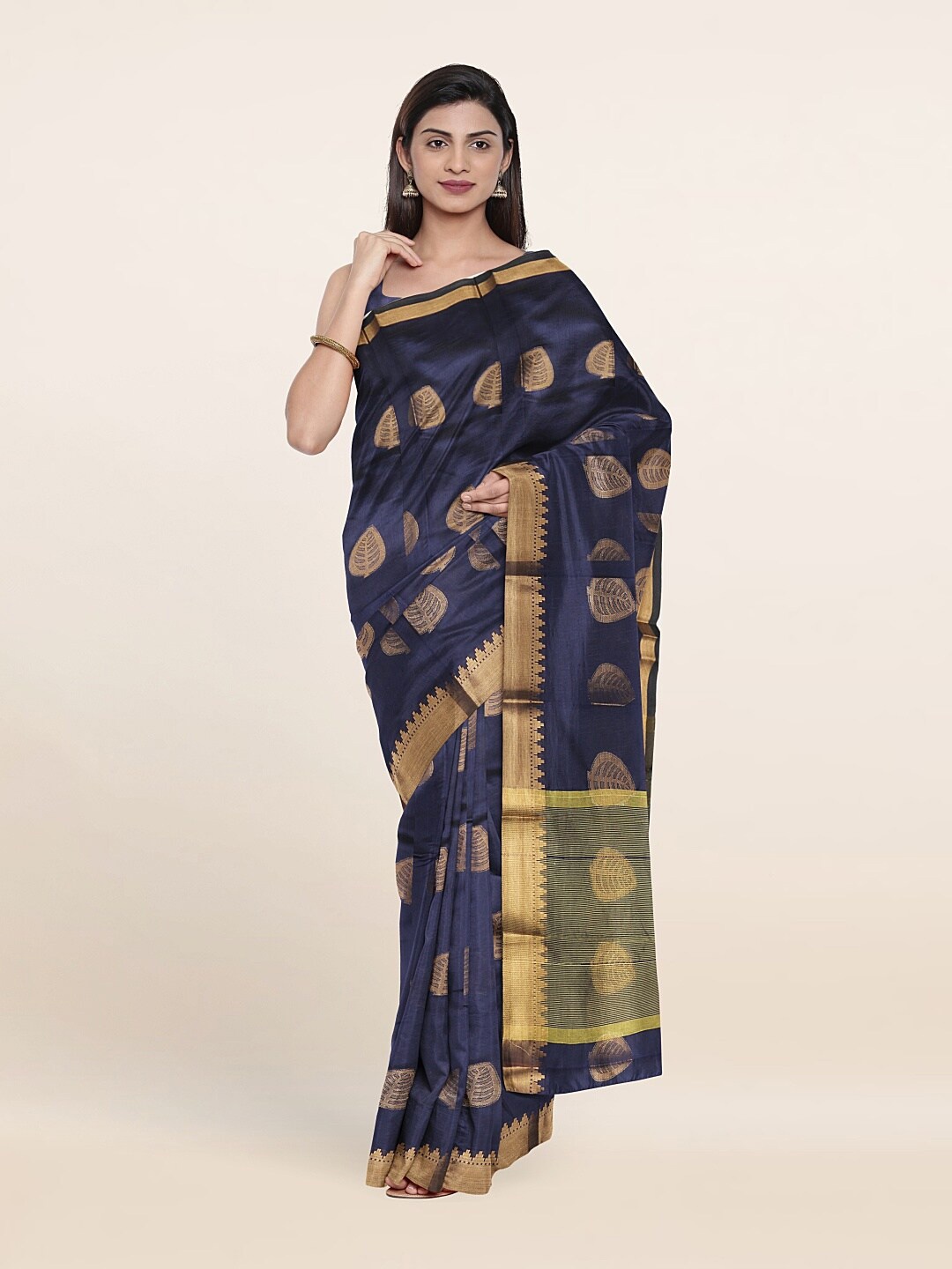 

Pothys Blue and Gold-Toned Floral Woven Design Saree