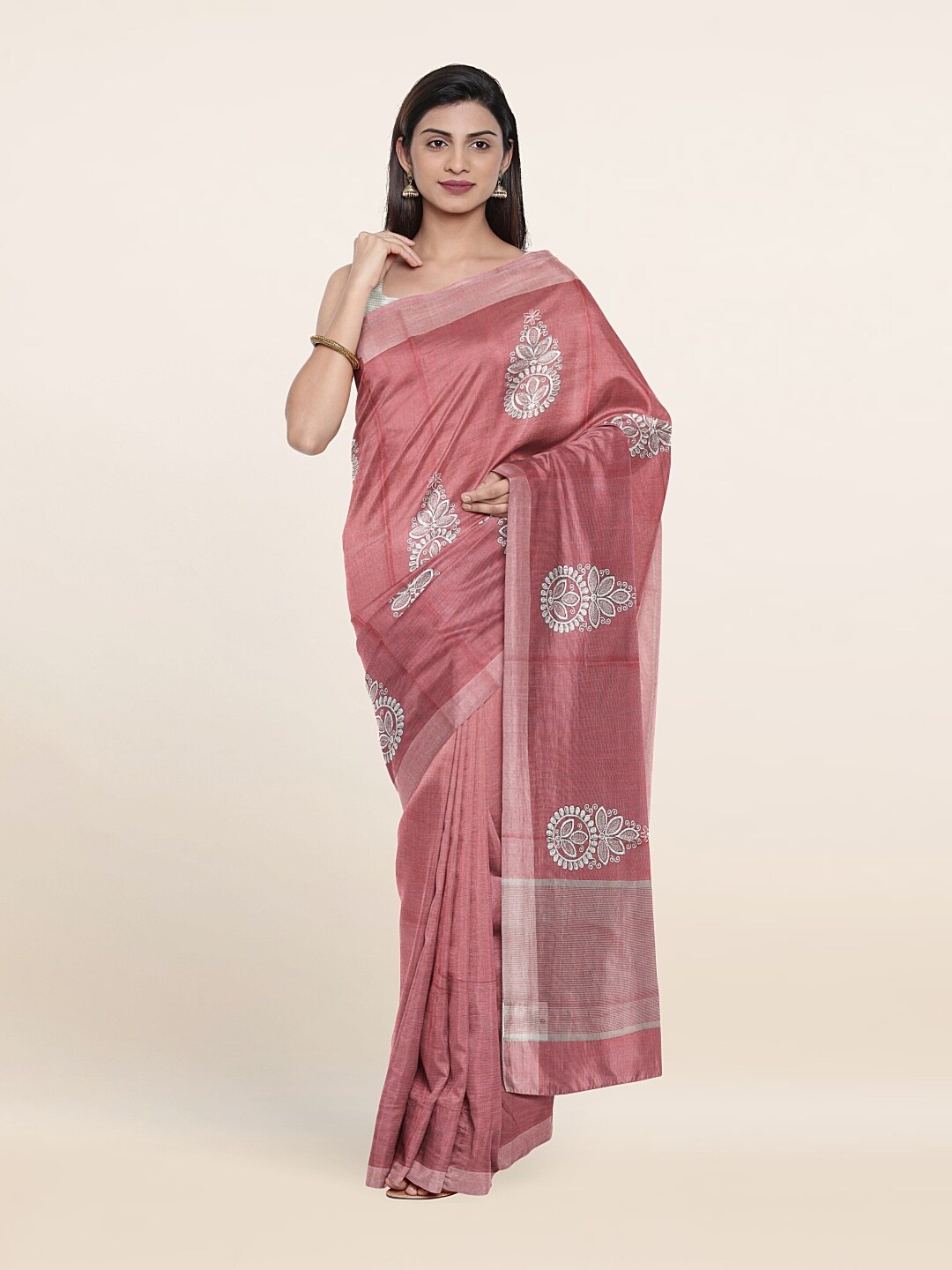 

Pothys Pink & Silver-Toned Floral Embroidered Tissue Saree