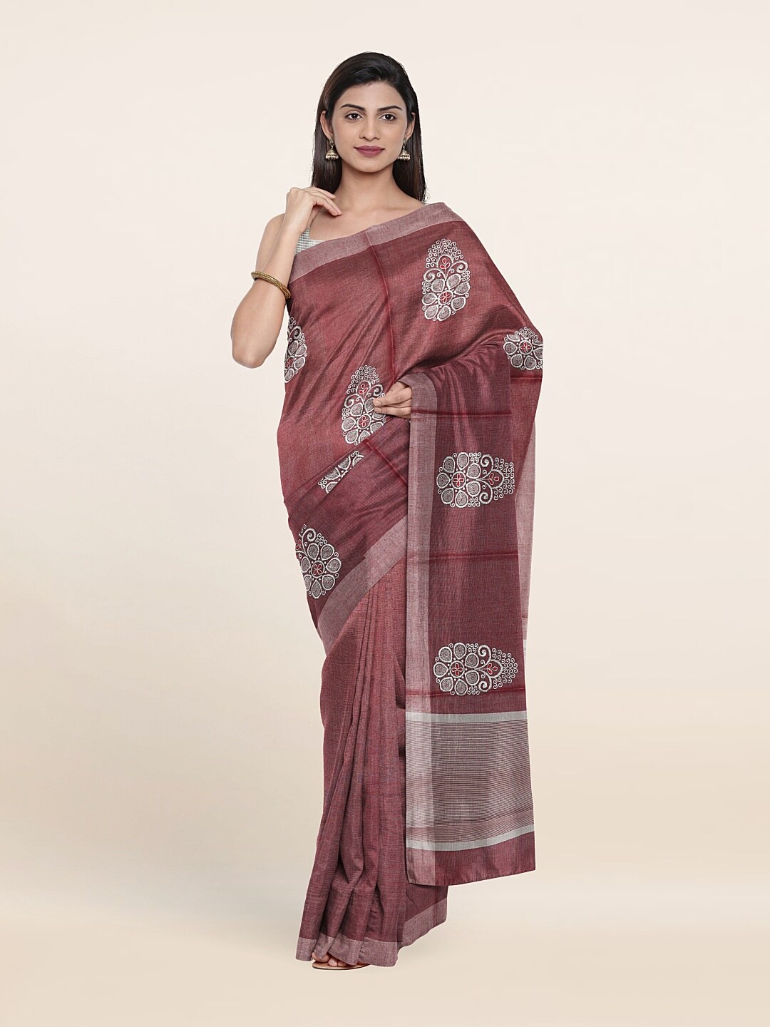 

Pothys Maroon & Silver-Toned Ethnic Motifs Zari Tissue Saree