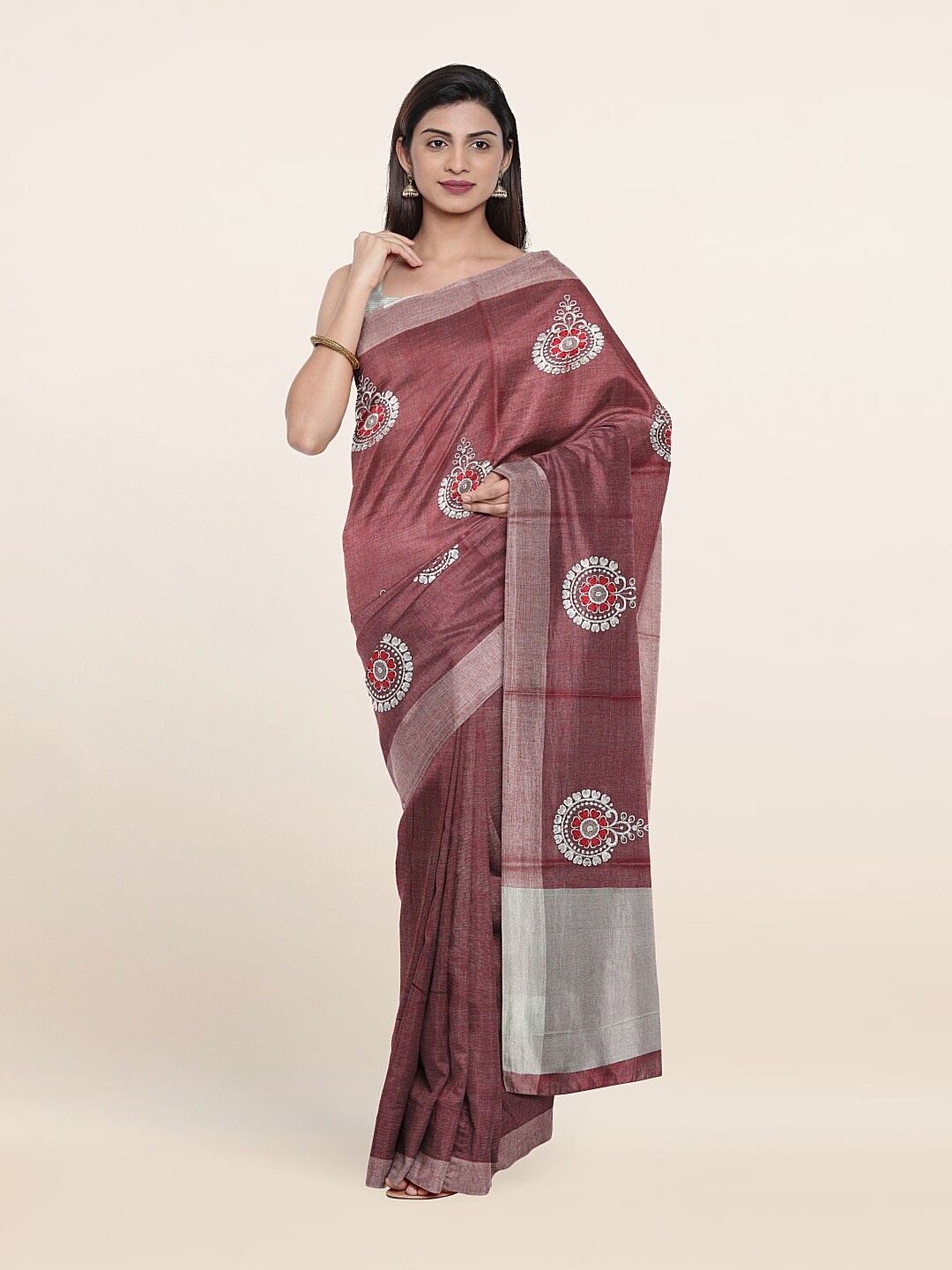 

Pothys Rust & Silver-Toned Floral Zari Tissue Saree