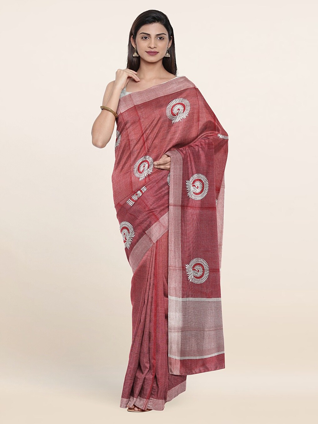 

Pothys Maroon & Silver-Toned Ethnic Motifs Tissue Saree