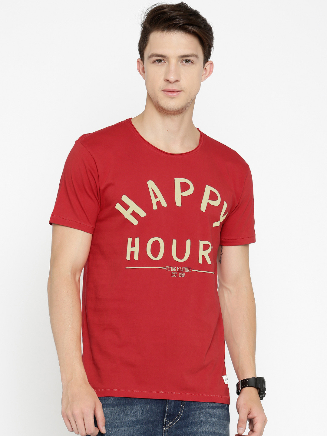 

Flying Machine Men Red Printed Round Neck T-shirt