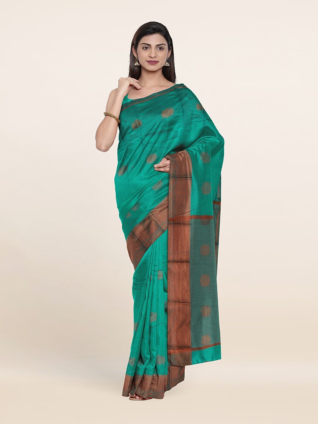 

Pothys Green & Copper-Toned Ethnic Motifs Zari Saree