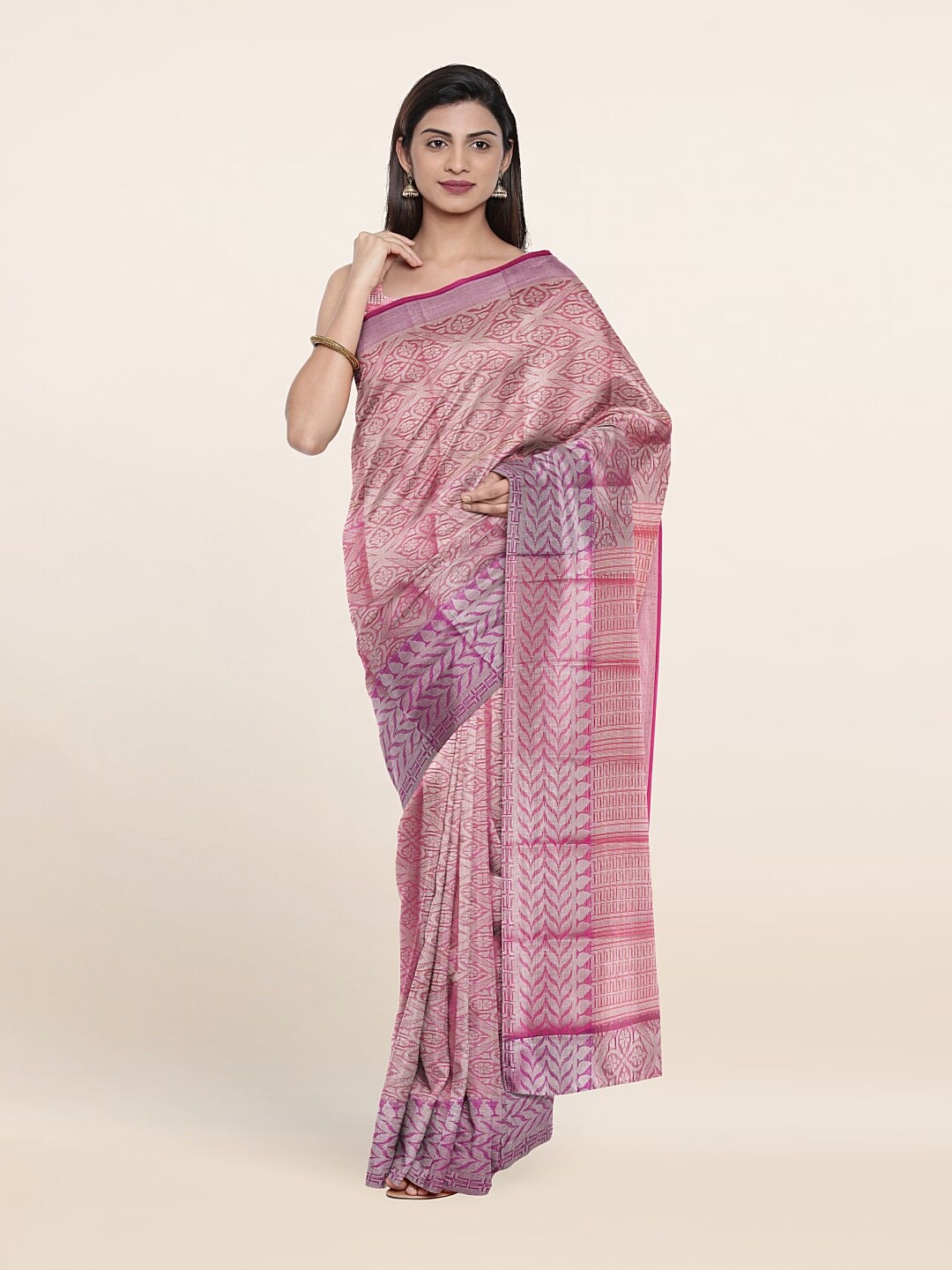 

Pothys Peach-Coloured & Pink Ethnic Motifs Zari Tissue Saree