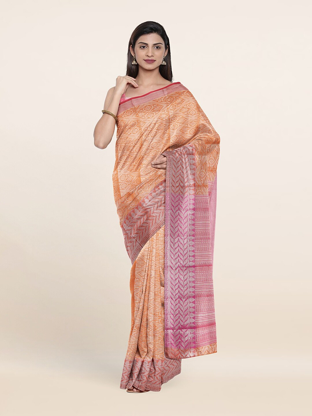 

Pothys Orange & Pink Floral Tissue Saree