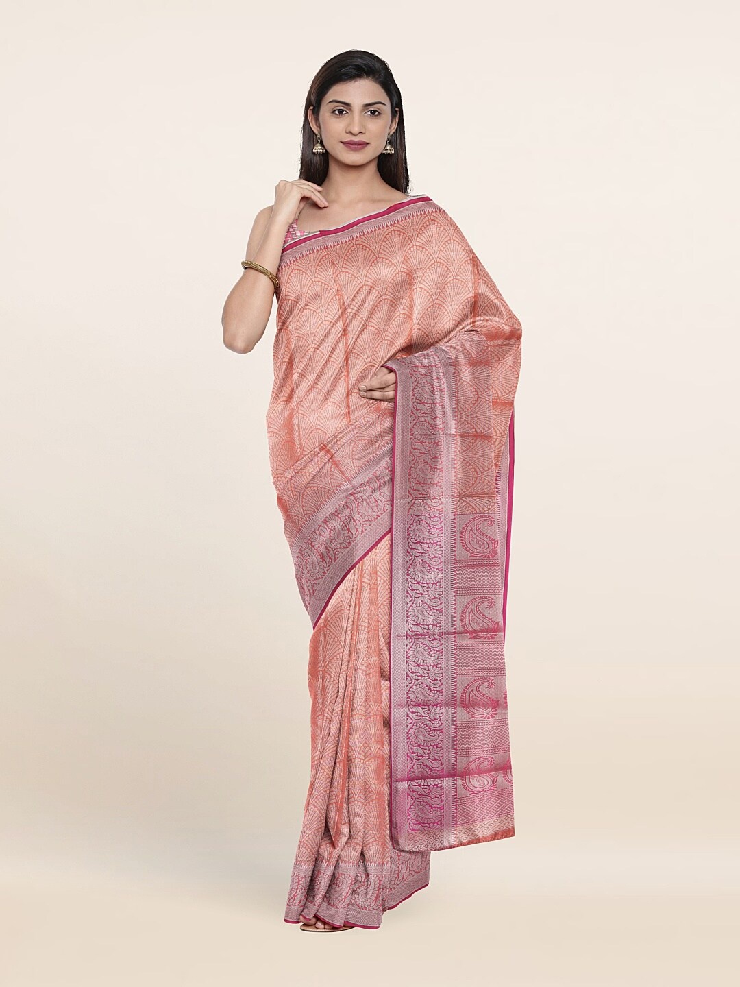 

Pothys Peach-Coloured & Silver-Toned Ethnic Motifs Zari Tissue Saree