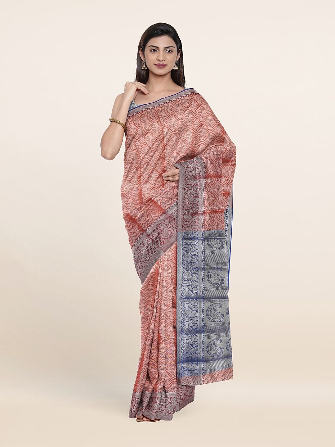 

Pothys Orange & Blue Ethnic Motifs Zari Tissue Saree