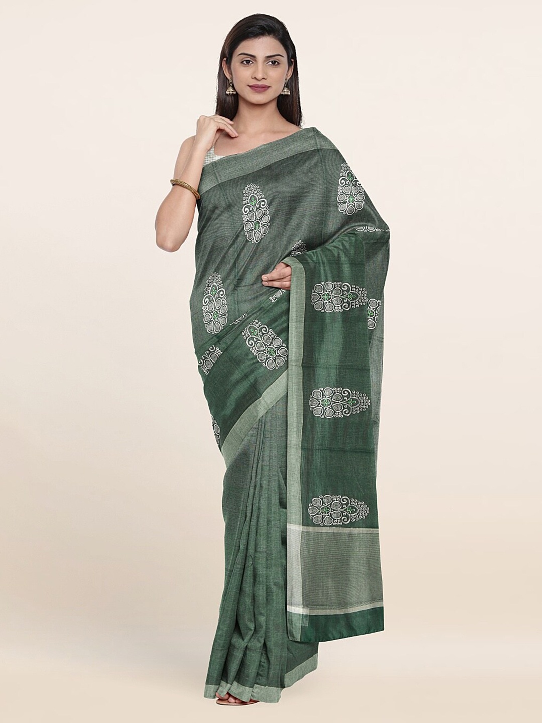 

Pothys Green & Silver-Toned Ethnic Motifs Tissue Saree