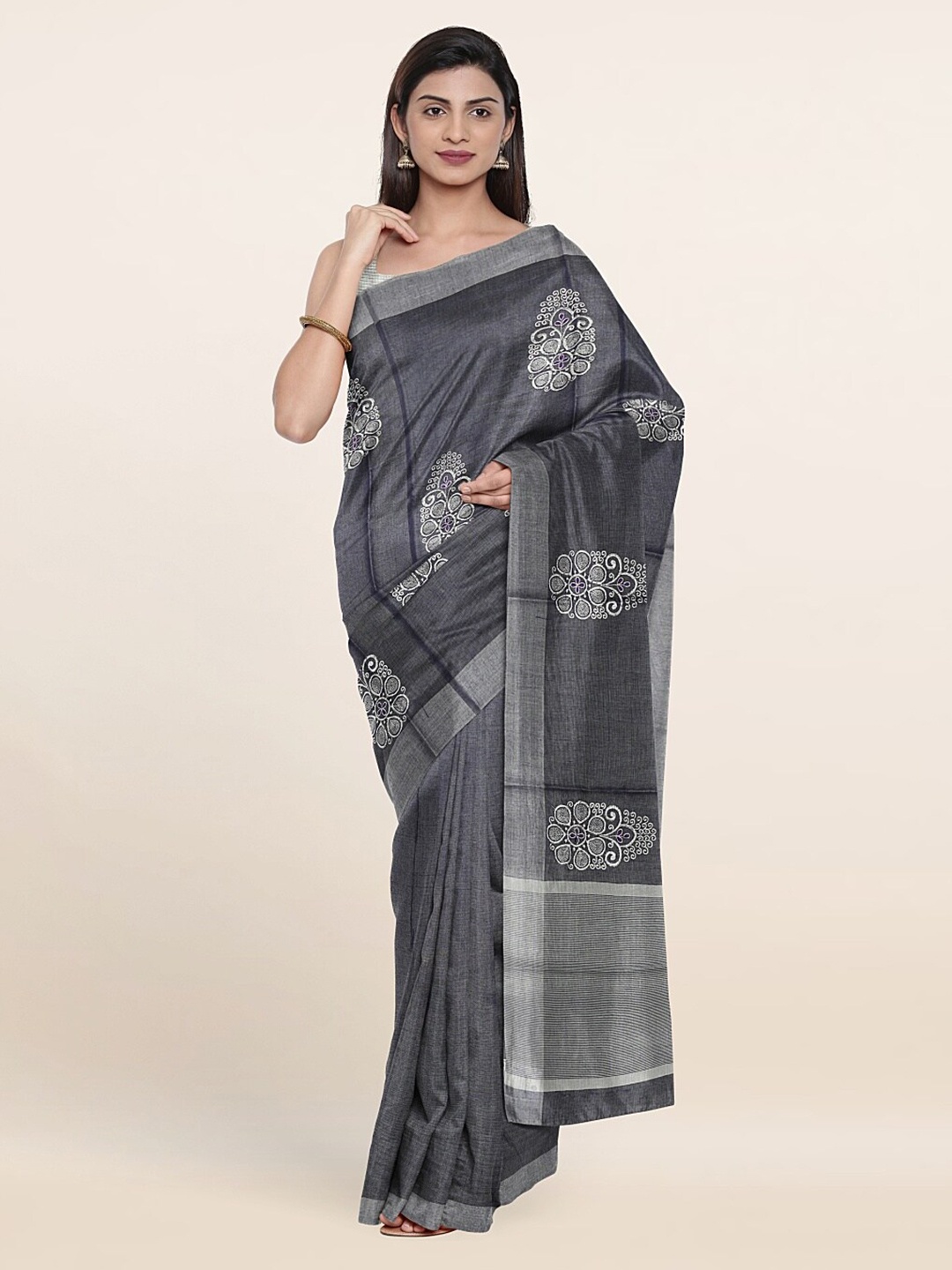 

Pothys Blue & Silver-Toned Ethnic Motifs Zari Tissue Saree