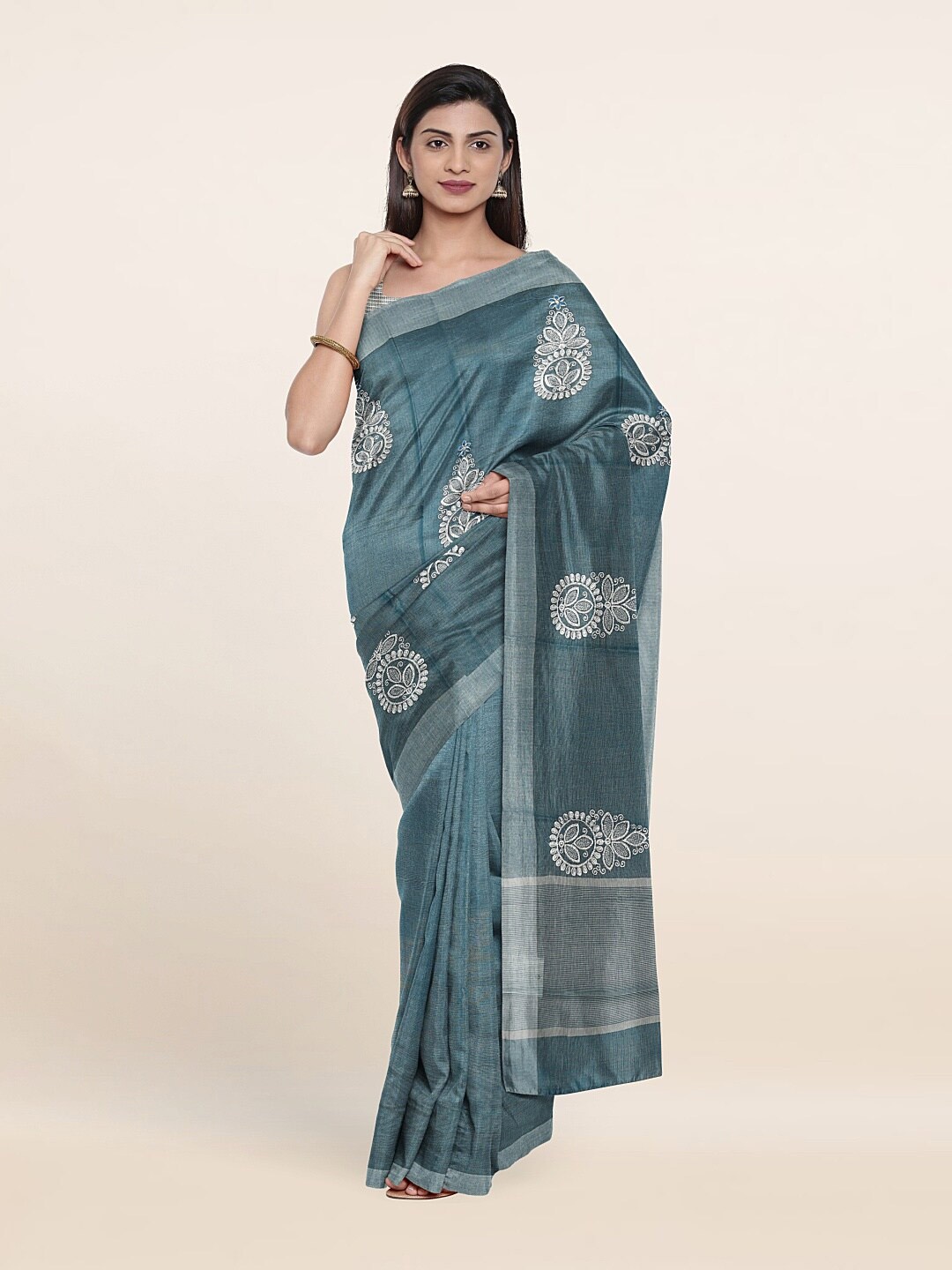 

Pothys Blue & Silver-Toned Ethnic Motifs Zari Tissue Saree