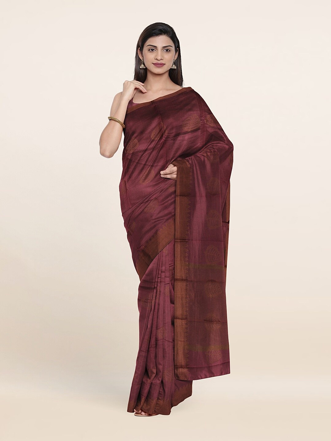 

Pothys Maroon & Copper-Toned Ethnic Motifs Zari Saree