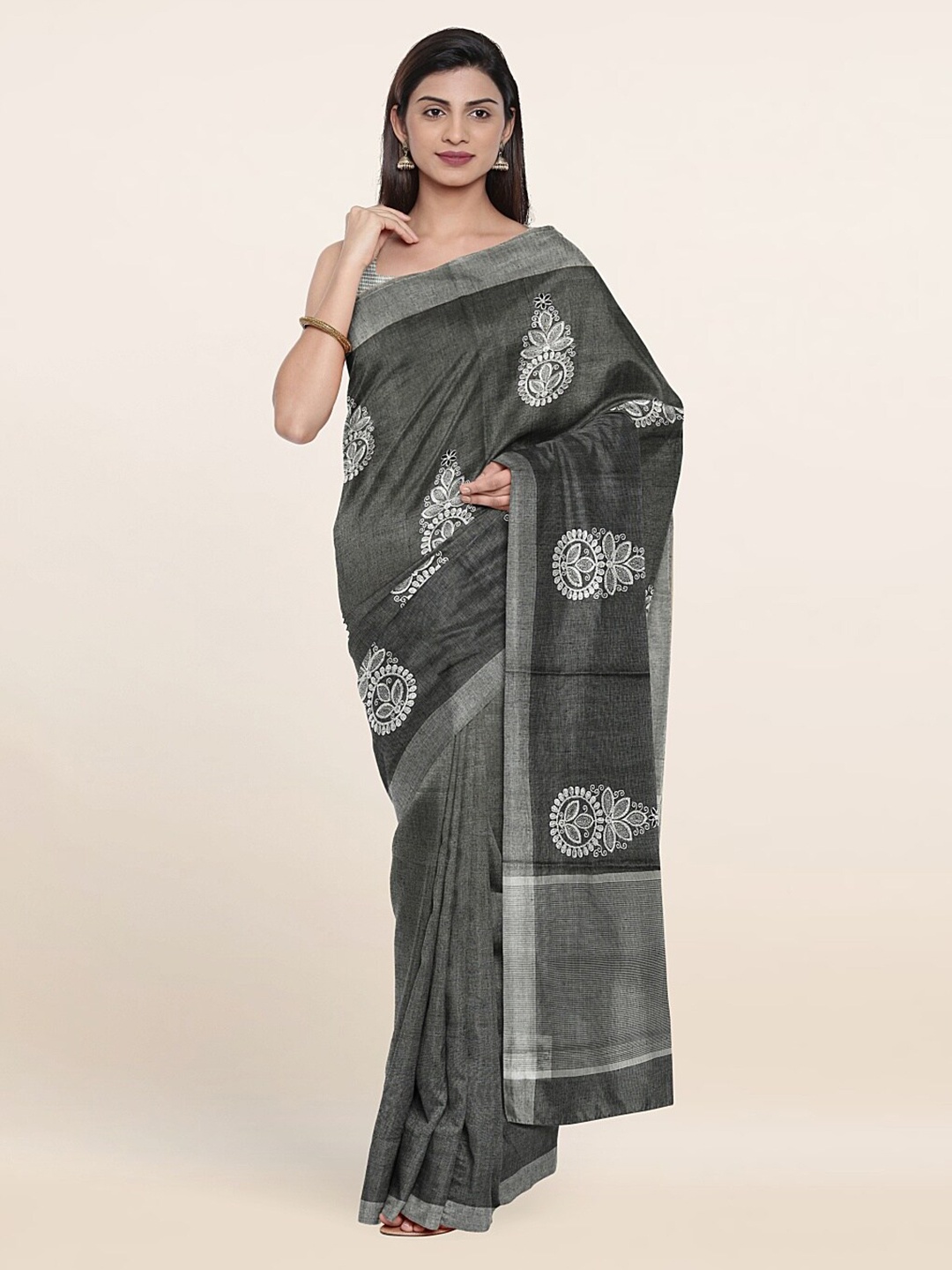 

Pothys Black & Silver-Toned Ethnic Motifs Zari Tissue Saree