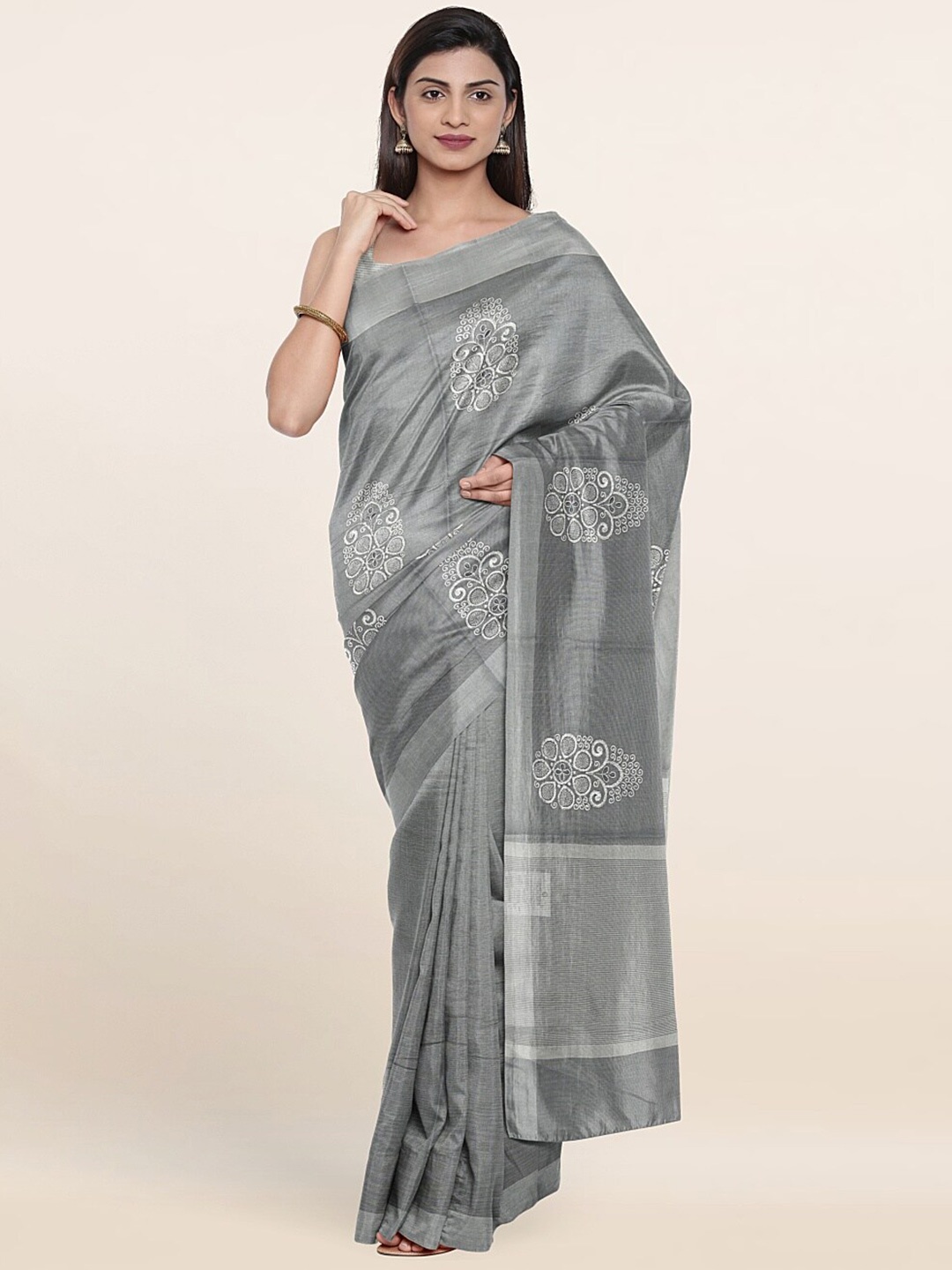 

Pothys Grey & Silver-Toned Ethnic Motifs Zari Tissue Saree