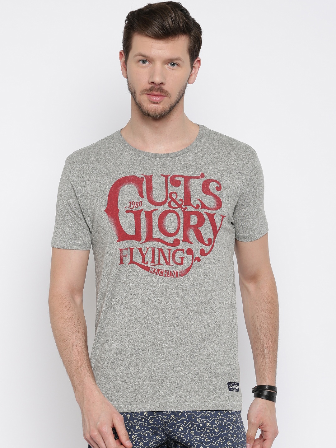 

Flying Machine Men Grey Melange Printed Round Neck T-Shirt